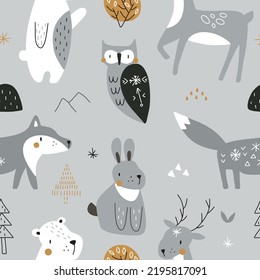 Hand drawn scandinavian animals in the forest, seamless pattern. Traditional Scandinavian style motifs. Vector illustration for your design.