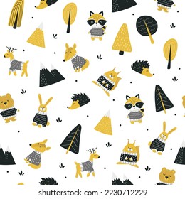 Hand drawn scandinavian animals in the forest, seamless pattern. Scandinavian style traditional motifs. Vector illustration.