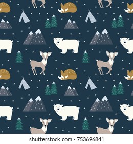 Hand drawn scandinavian animals in the forest, seamless pattern. Scandinavian style traditional motifs. Vector illustration.