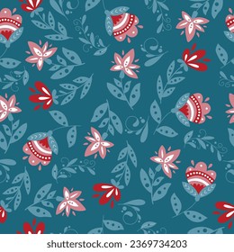 Hand drawn scandinavian folk art pattern with flowers and leaves. Vector seamless Christmas design.