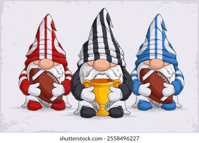 Hand drawn Scandinavian gnomes in stripped referee disguise holding American football balls and cup