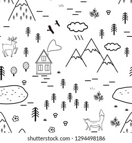 Hand drawn scandinavian landscape with animals, trees, lake, and mountains, seamless pattern. Scandinavian style traditional motifs. Vector