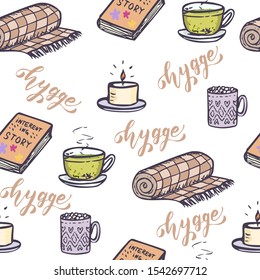 Hand Drawn Scandinavian Seamless Pattern. Hygge Lifestyle Cozy Home Illustration. Vector Textile or Wallpaper Texture.