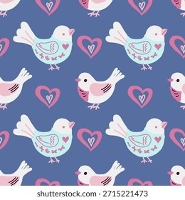 Dibujado a mano patrón escandinavo sin fisuras con pájaros lindos y corazones rosados.