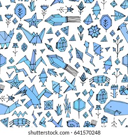 Hand drawn scandinavian seamless pattern with Marine animals and plants, black contours decorative contemporary elements Stylized origami. Blue geometric print, trendy backdrop. Vector illustration
