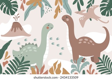 Hand drawn Scandinavian style dinosaurs for children's tropical wallpaper. Ideal for children's room decor. Vector illustrations
