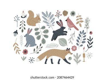 Hand drawn Scandinavian style set with  forest animals and plants. Isolated vector illustration clip art