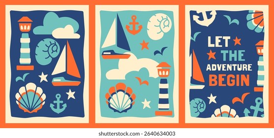 Hand drawn Scandinavian style set of vertical nautical wall art posters. Playful A4 cards with sailboats, lighthouses, and sea elements. Ideal for kids' rooms, beach homes, or holiday prints