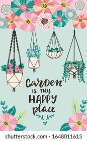 Hand drawn scandinavian style vector illustration card, poster, banner, template with spring vector illustration of flowers,hanging flower pots and hand drawn lettering phrase garden time happy time