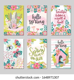 Tarjeta ilustrativa vectorial de estilo escandinavo dibujada a mano, afiche, banner, plantilla de volante con ilustración vectorial de resorte de flores, pájaros y adiós con letras dibujadas a mano primavera