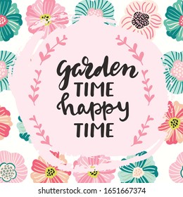 Hand drawn scandinavian style vector illustration card, poster, banner,template with spring vector illustration of flowers,hanging flower pots and hand drawn lettering phrase garden time, happy time