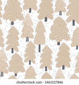 Hand drawn Scandinavian tree seamless pattern. Doodle forest background. Naive art style. Design for fabric, textile print, wrapping paper, children textile. Vector illustration