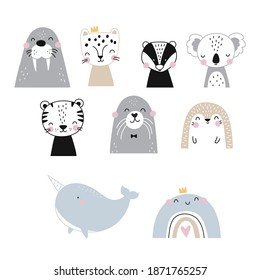 Hand drawn Scandinavian vector illustration for posters, cards, t-shirts. Cute badger, leopard, hedgehog, koala, tiger, narwhal, rainbow, walrus, seal - nordic print