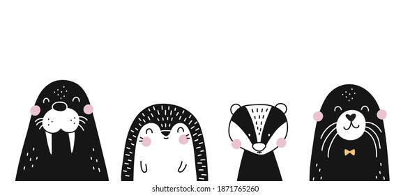 Hand drawn Scandinavian vector illustration for posters, cards, t-shirts. Cute badger, leopard, hedgehog, koala, tiger, narwhal, rainbow, walrus, seal - nordic print