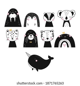 Hand drawn Scandinavian vector illustration for posters, cards, t-shirts. Cute badger, leopard, hedgehog, koala, tiger, narwhal, rainbow, walrus, seal - nordic print