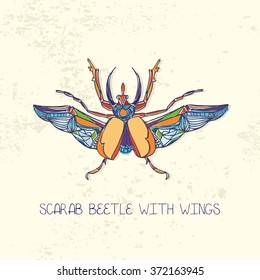 Hand drawn Scarab beetle with wings.Multicolor vector illustration