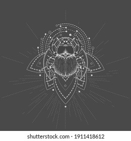 Hand drawn Scarab and Sacred geometric symbol on black background. Abstract mystic sign. White linear shape.