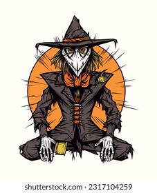 Hand drawn scarecrow with pumpkin A delightful and rustic illustration showcasing a scarecrow adorned with a vibrant pumpkin, perfect for autumn inspired designs