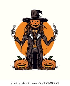 Hand drawn scarecrow with pumpkin A delightful and rustic illustration showcasing a scarecrow adorned with a vibrant pumpkin, perfect for autumn inspired designs