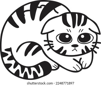 Hand Drawn scared or sad striped cat illustration in doodle style isolated on background