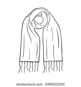 Escarcha dibujada a mano. Dibujo Doodle de ropa interior tibia de moda, cálido accesorio de la temporada de invierno otoño. Ilustración simple de tela. Icono de la bufanda Aislado sobre fondo blanco. Ilustración de vector de contorno