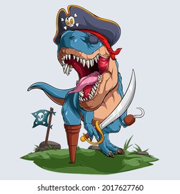 Hand drawn scary blue pirate dinosaur t-rex roaring and holding a pirate sword, pirate disguise