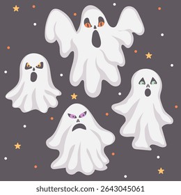 Hand drawn scary ghosts set. Ghostly monsters with Boo scary faces. Element for Halloween decorative design. Vector illustration.