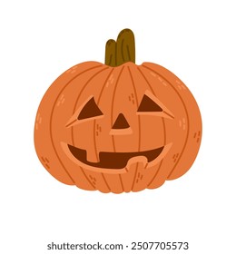 Hand drawn scary Halloween pumpkin in flat style. Spooky design for autumn holiday isolated on white background. Cute jack o lantern