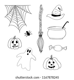 hand drawn scary icons with pumpkin, ghost, cauldron, spider, witch hat, broom for tattoo, textile, cards. Halloween doodles elements collection. vector illustration.Halloween traditional symbols