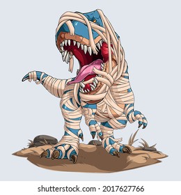 Hand drawn Scary mummy dinosaur trex roaring, standing loud angry blue Tyrannosaurus thundering
