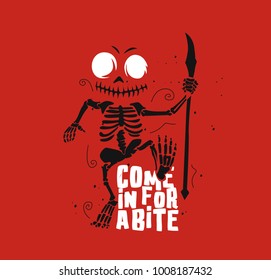 Hand drawn scary skeleton, tshirt design, text, tattoo, halloween, vector illustration