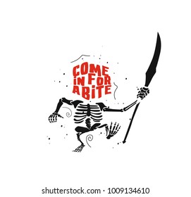 Hand drawn scary skeleton, tshirt design, text, tattoo, halloween, vector illustration