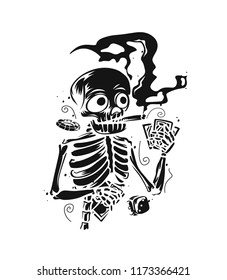 Hand drawn scary skeleton, tshirt design, text, tattoo, halloween, vector illustration