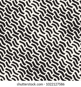 Hand Drawn Scattered Wavy Lines Monochrome Texture. Abstract Freehand Background Design. Vector Seamless Black and White Pattern.