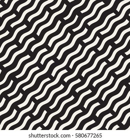 Hand Drawn Scattered Wavy Lines Monochrome Texture. Abstract Freehand Background Design. Vector Seamless Black and White Pattern.