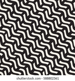 Hand Drawn Scattered Wavy Lines Monochrome Texture. Abstract Freehand Background Design. Vector Seamless Black and White Pattern.