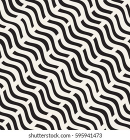 Hand Drawn Scattered Wavy Lines Monochrome Texture. Abstract Freehand Background Design. Vector Seamless Black and White Pattern.