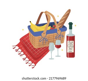 Hand drawn scenery with opened picnic basket on a plaid blanket with food, bananas, berries and baguette, wine bottle and wine glasses. Isolated on white, vector illustration
