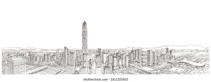 Hand drawn scenery of urban buildings in Shenzhen, China
