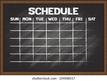 Hand drawn schedule on chalkboard.