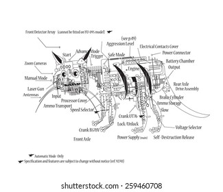 Hand drawn scheme of funny electronic cat, in black and white 