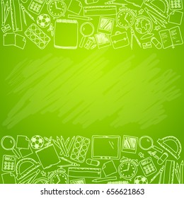Hand drawn school accessories on green chalkboard - School template with place for your text