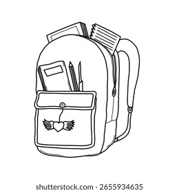 Hand drawn school backpack vector illustration. Back To School backpack with supplies