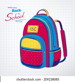 Hand drawn school bag on checkered notebook paper background. Vector illustration.