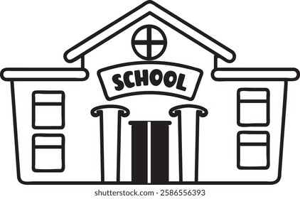 Hand drawn school building featuring prominent columns, large windows, and a clear SCHOOL sign, symbolizing education and learning in a simple yet effective way