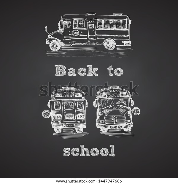 Hand drawn school bus symbol on black\
chalkboard. With text Back to school. Vintage background. Retro\
design. Vector\
illustration