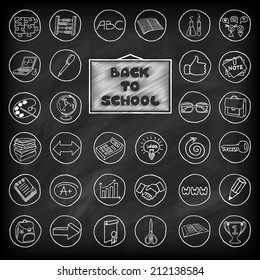 Hand drawn school buttons set with chalk board effect. Vector Illustration.