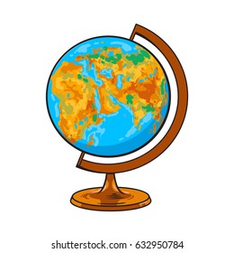 Hand drawn school classroom globe, geographical map, sketch style vector illustration isolated on white background. Realistic hand drawing of school geographical globe