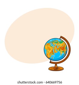 Hand drawn school classroom globe, geographical map, sketch style vector illustration with space for text. Realistic hand drawing of school geographical globe