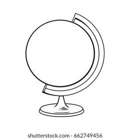 Hand drawn school classroom globe, geographical map, black and white sketch style vector illustration isolated on white background. Realistic hand drawing of school geographical globe